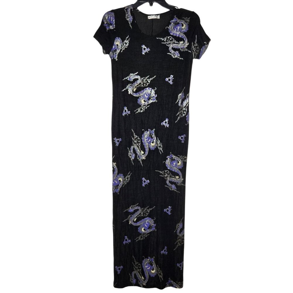Mystical Dragon Print Maxi Dress in Black with Lavender Motifs